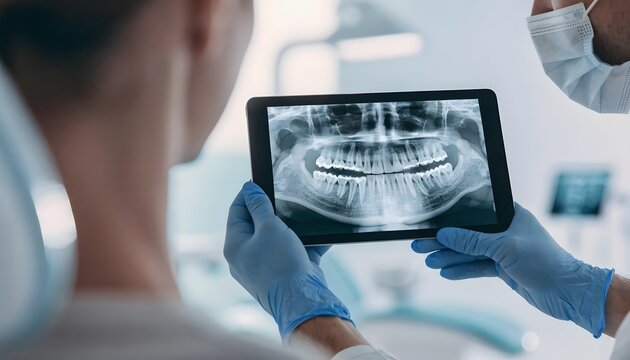 Digital radiography review and panoramic dental x-ray assessment. Modern diagnostics and patient consultation. Dentist holding tablet displaying jaw bone structure scan