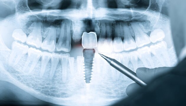 Dental implant structure analysis on panoramic x-ray. Prosthodontics diagnostic scan and tooth replacement evaluation. Pointer tool showing screw fixture in jawbone