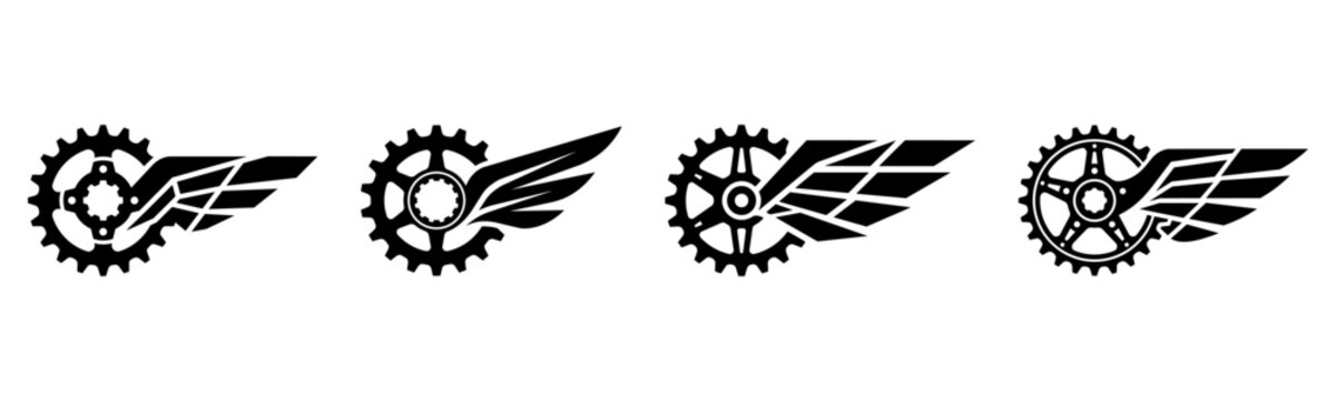 Bicycle sprocket with wings vector icons set, motorcycle chainring gear logo badges
