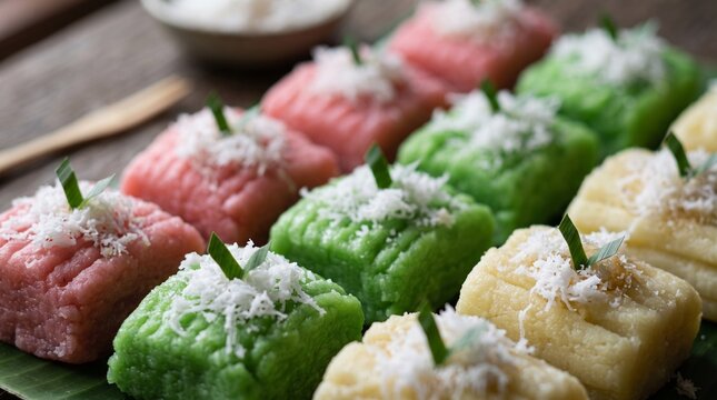 Rows of traditional Indonesian getuk lindri tricolor pink green and yellow steamed cassava cakes topped with fresh grated coconut and pandan leaf garnish on banana leaf.