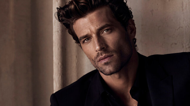 A high-fashion editorial portrait of a handsome, sophisticated man with intense gaze, wearing a classic black suit and shirt. The image features dramatic chiaroscuro lighting with deep shadows and sub