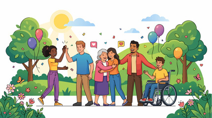 Fototapeta premium Diverse community celebration in a sunny park, inclusive multi-generational group vector, happy people and disabled boy in wheelchair outdoors