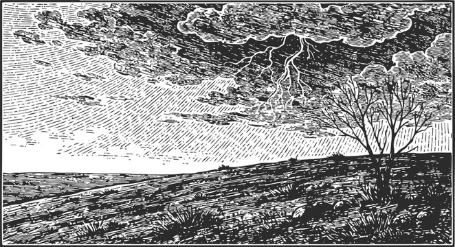 vintage engraving of lightning storm over barren landscape with leafless tree and dark clouds