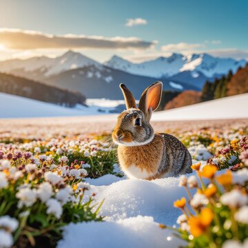 rabbit standing in a snowfield