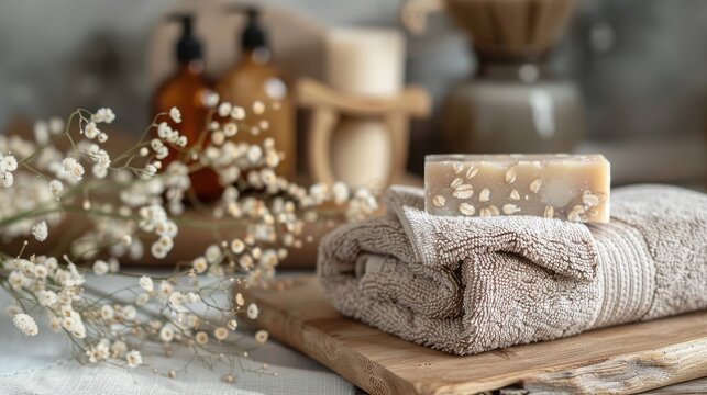 Rolled organic cotton towels with soap and flowers on wooden board