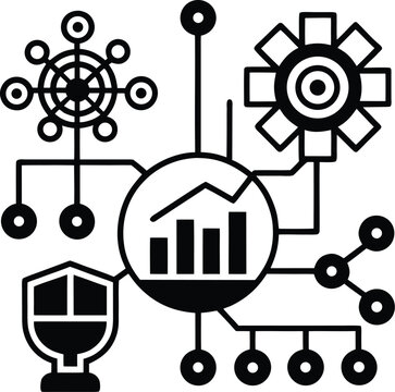 Black and white line of interconnected gears and tools