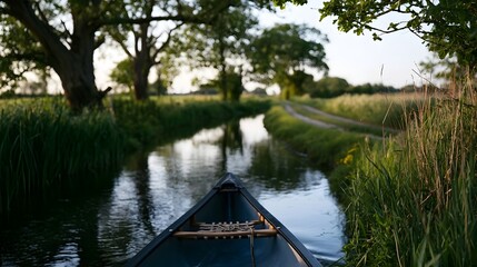 Obraz premium A modern canoe peacefully cruises down a rural countryside lane creating a harmonious scene of nature and tranquility