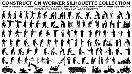 Obraz premium Construction Worker Silhouettes Collection – Heavy Machinery Operators, Industrial Professions and 100+ Building Site Actions