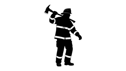 Firefighter Silhouette: A bold silhouette of a firefighter stands ready, carrying an axe over their shoulder, symbolizing bravery and readiness to serve. © Abu