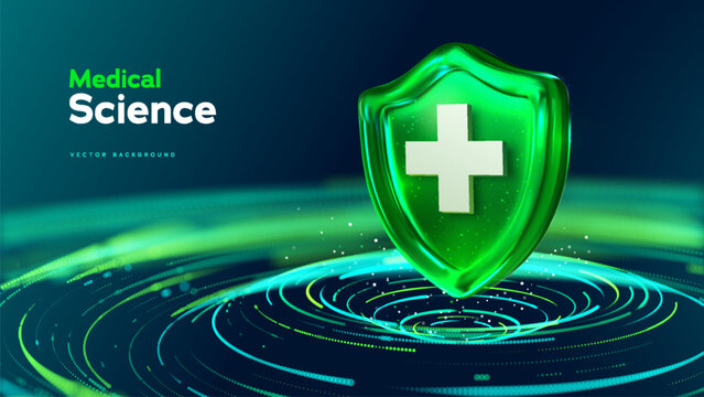Medical Research Healthcare Protection Shield Technology For Hospital Branding, Insurance Communication, Digital Clinic Promotion, And Trusted Patient Care Service. Vector Illustration.