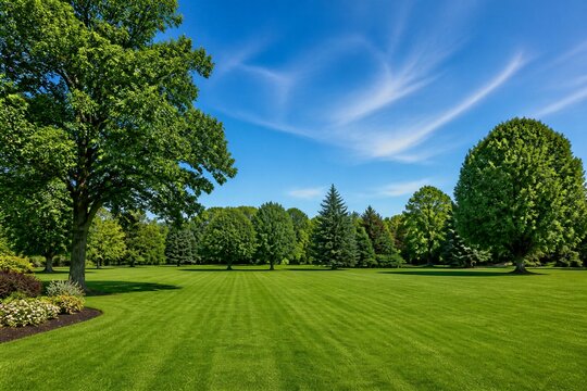 Manicured lawn bordered by mature trees in public parkland