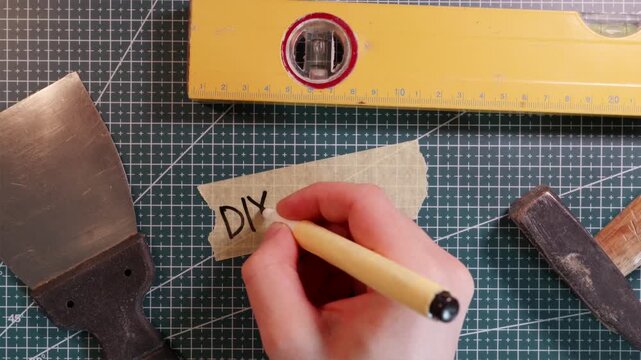 Overhead view of writing DIY PROJECT on tape mockup with tools.