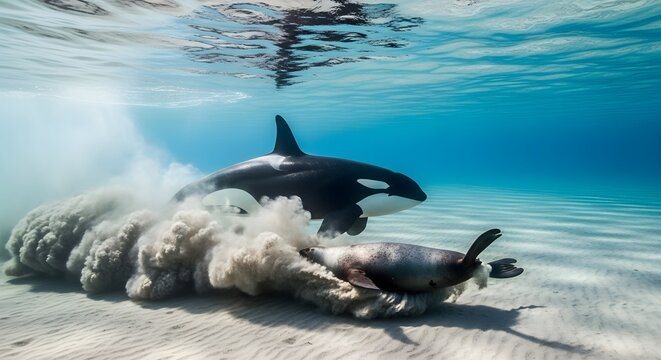 Underwater view of an orca killer whale hunting a large seal over a sandy seabed, kicking up a dust cloud in clear blue shallow ocean water with sunlight filtering from above.