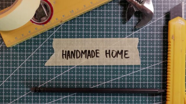 Top view of HANDMADE HOME handwritten tape sticker with construction tools on green mat
