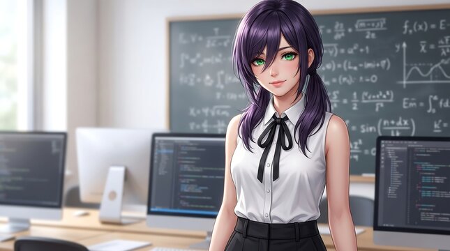 Female student standing in computer lab classroom with chalkboard classroom computer education learning technology university academic character chalkboard programming software knowledge