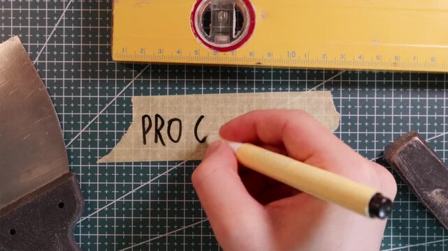 Top down view of writing PRO QUALITY on masking tape with tools.