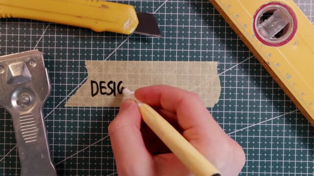 Top view of writing DESIGN PHASE on tape with spirit level.