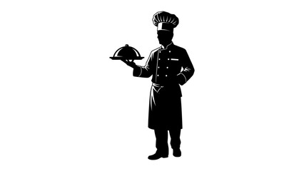 Chef with Cloche: A silhouetted chef in full uniform, wearing a tall toque, stands ready to serve, holding a silver cloche dish. This iconic image evokes culinary excellence and fine dining. © Abu