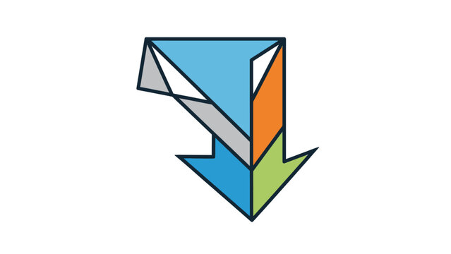 Geometric abstract arrow pointing down in blue, orange, green, and gray