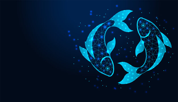 Neon low poly wireframe pisces zodiac sign on dark blue background.