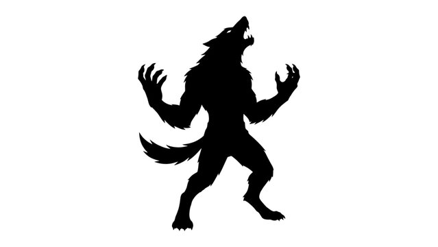 Werewolf Silhouette Roaring: A black silhouette of a fearsome werewolf stands on its hind legs, arms outstretched in a primal roar, embodying raw power and primal instinct.