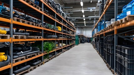 Fototapeta premium A side view shot of a heavy duty warehouse interior showcasing an organized system of pipes and valves within a large industrial setting