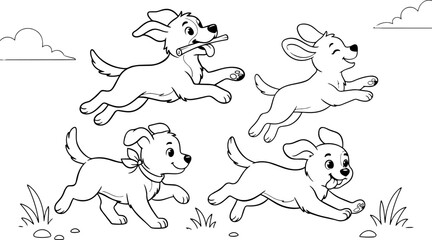 Obraz premium Four joyful puppies running in a field with a bone during a sunny day concept