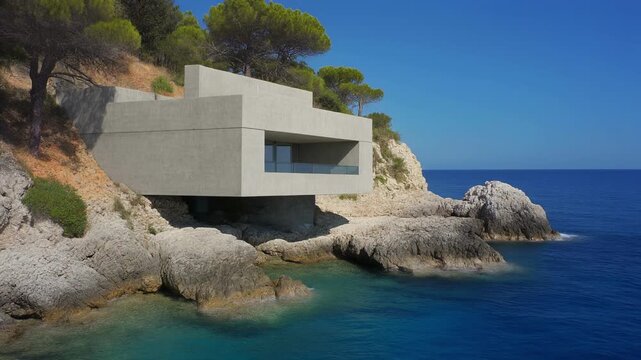 Modern concrete house cantilevered on rocky cliff overlooking blue sea