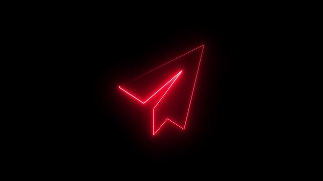 Paper Plane neon sign appear in center and disappear after some time. Animated red neon icon on black background. Looped animation.4k motion video