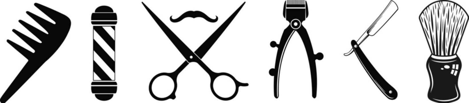 Scissors icon design, Simple scissor silhouettes in different styles, clippers icon set.Vintage engraved style scissor illustrations with detailed shading for barber shops and tailor branding.