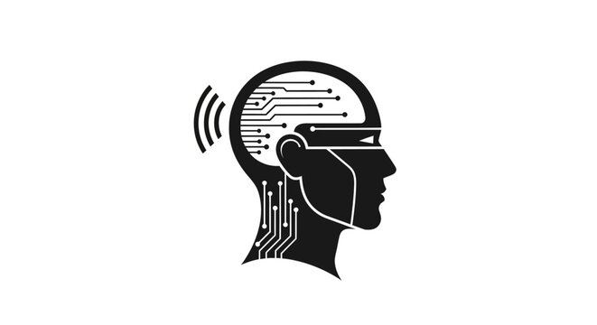 Black and white human head with virtual reality headset.