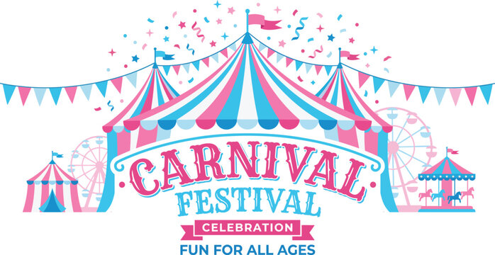 Carnival tents and rides under festive banners and confetti during a bright daytime celebration for all ages