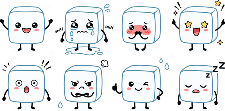 Cute ice cubes with diverse emotions expressing joy sadness anger and sleep in a clean white setting