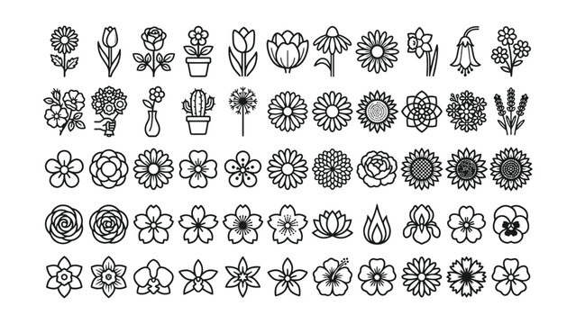 Black and white line drawing collection of various flowers and plants including roses tulips daisies sunflowers lilies and cacti on white background