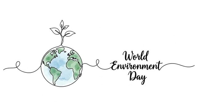 Animated line art draws Earth globe with plant and "World Environment Day" text for global ecology.