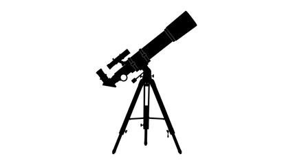 Telescope Silhouette: A striking silhouette of a refracting telescope mounted on a sturdy tripod, poised for celestial observation. © Abu