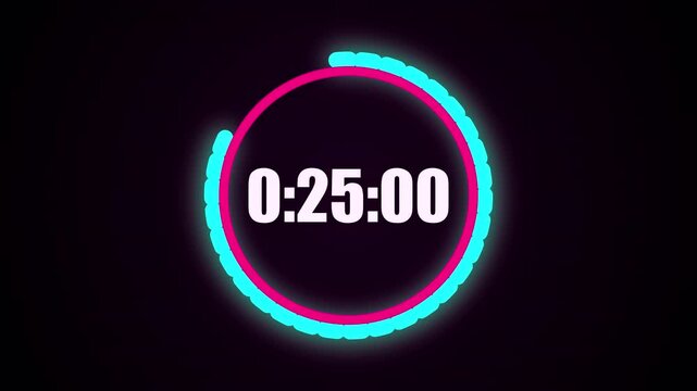 60 second countdown timer sequence with white number text glowing from 60 to 0 with glowing cyan and magenta circle elements on black background 4K UHD