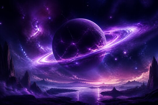 Purple ringed planet hovering over alien rocky landscape