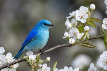 Obraz premium Blue bird perched on flowering branch in spring setting