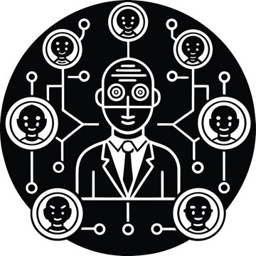 Robot with gear symbols, binary code, and circuit patterns