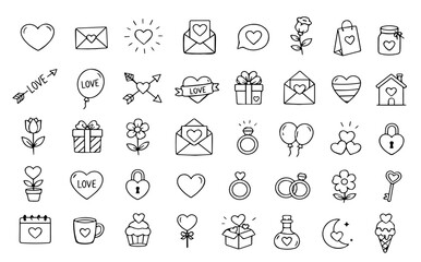 Obraz premium Romantic hand drawn line art icons collection. Cute doodle elements with hearts, flowers, and rings for Valentine's Day, wedding decoration, and greeting design. Vector illustration.