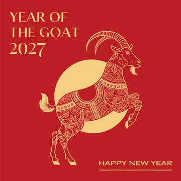 Year of the Goat 2027 Chinese New Year greeting card with decorative leaping goat on red background