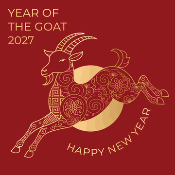 Year of the Goat 2027 Chinese New Year greeting card with decorative leaping goat on red background