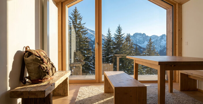 Backpacker backpack inside modern mountain cabin overlooking snowy peaks through panoramic windows, illustrating lightweight travel, alpine retreat and hiking lifestyle