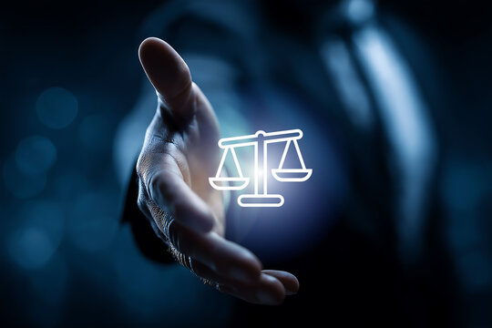 The businessman's hand holds a digital tablet with a glowing neon interface featuring legal icons, representing themes of justice and law.