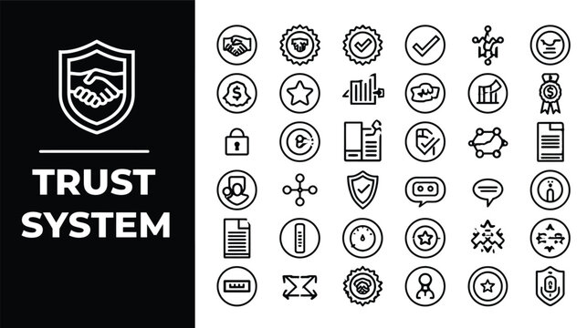 Trust system icons organized in a structured grid illustrate financial security and reliable verification methods for commerce.
