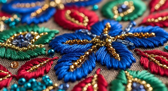 Macro Close-up of Vibrant Floral Embroidery with Beads and Gold Thread