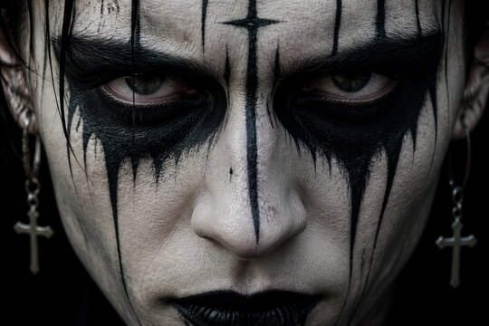 Person with black corpse paint makeup staring in close up