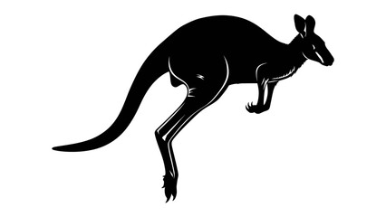 Kangaroo Silhouette in Motion: A striking black silhouette of a kangaroo mid-leap, its powerful hind legs and long tail conveying a sense of dynamic movement and raw energy. © Abu
