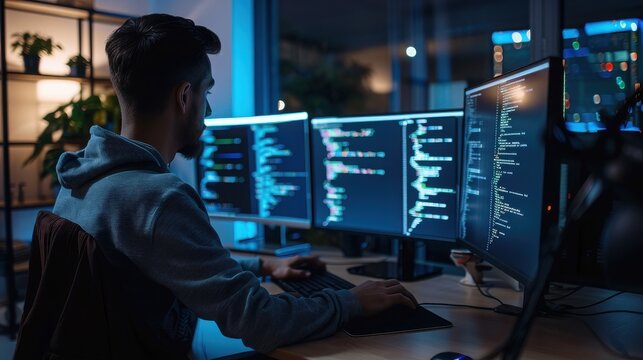 Software engineer writing code on multiple computer screens at night